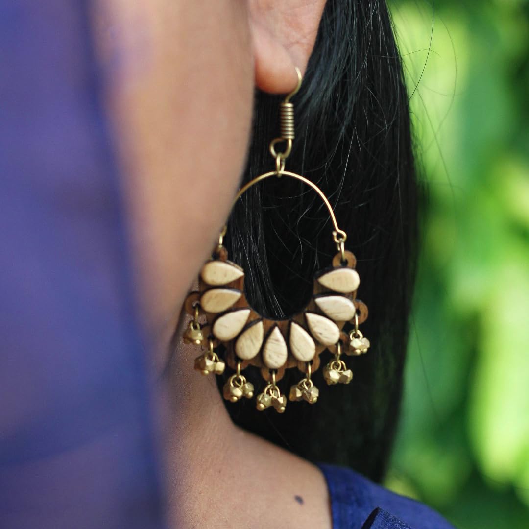 Wooden Chandbali Earrings with Dhokra Brass Beads
