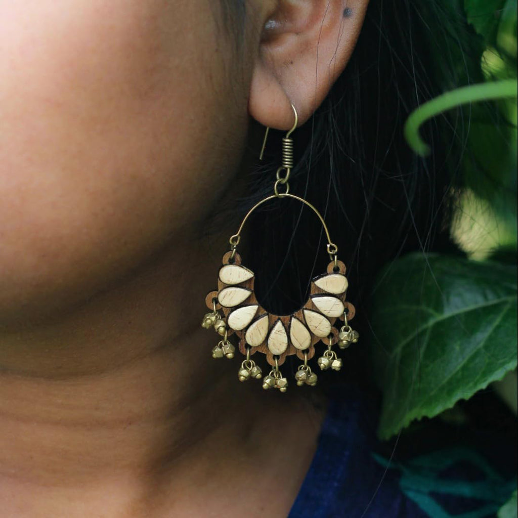 Wooden Chandbali Earrings with Dhokra Brass Beads