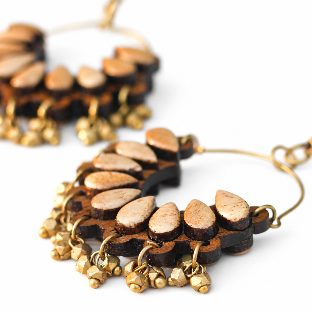 Wooden Chandbali Earrings with Dhokra Brass Beads