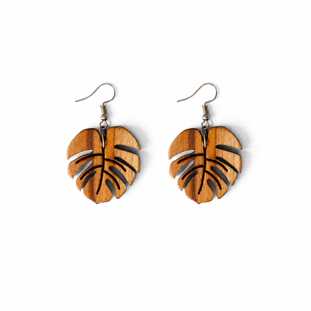 Monstera Leaf Wooden Drop Earrings