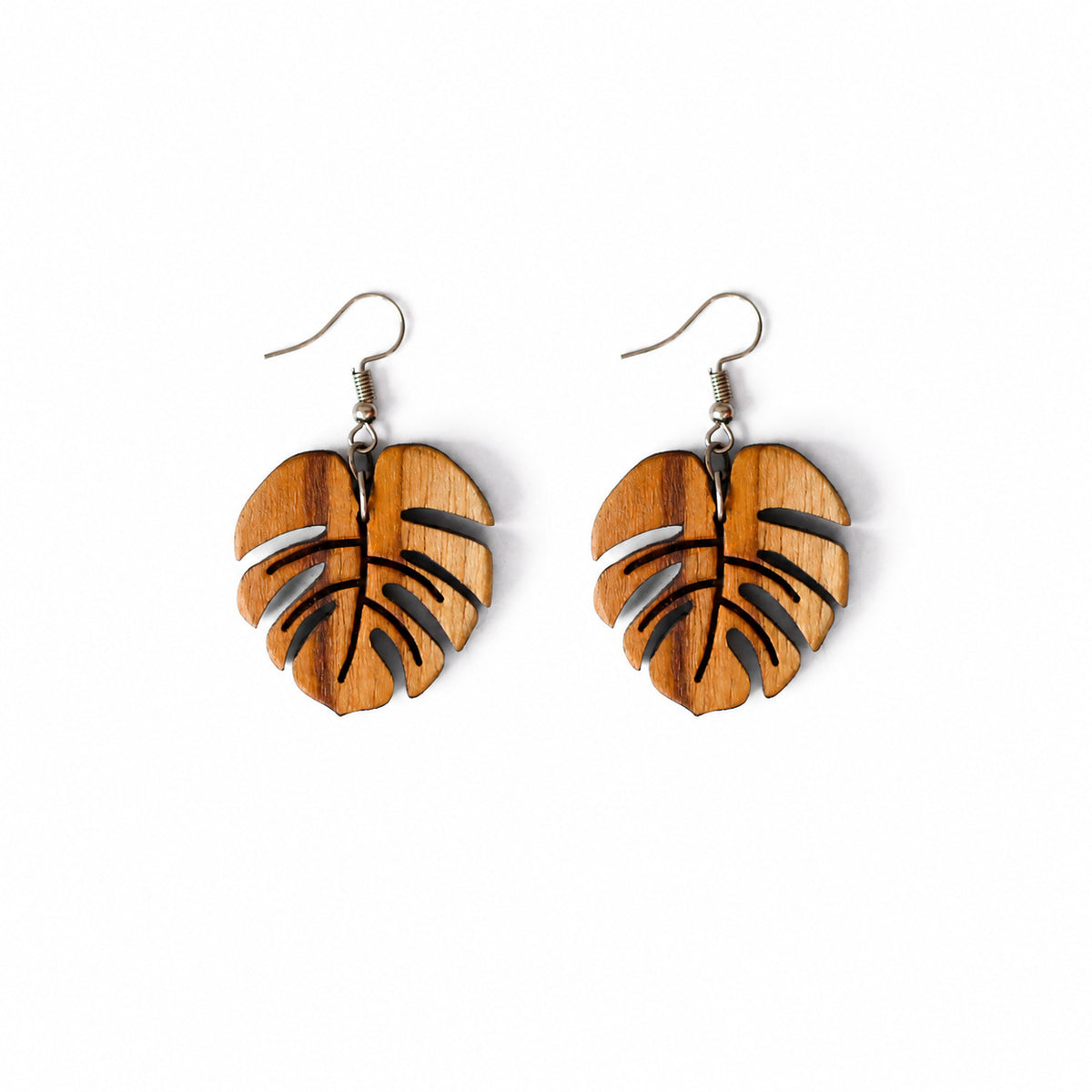 Monstera Leaf Wooden Drop Earrings