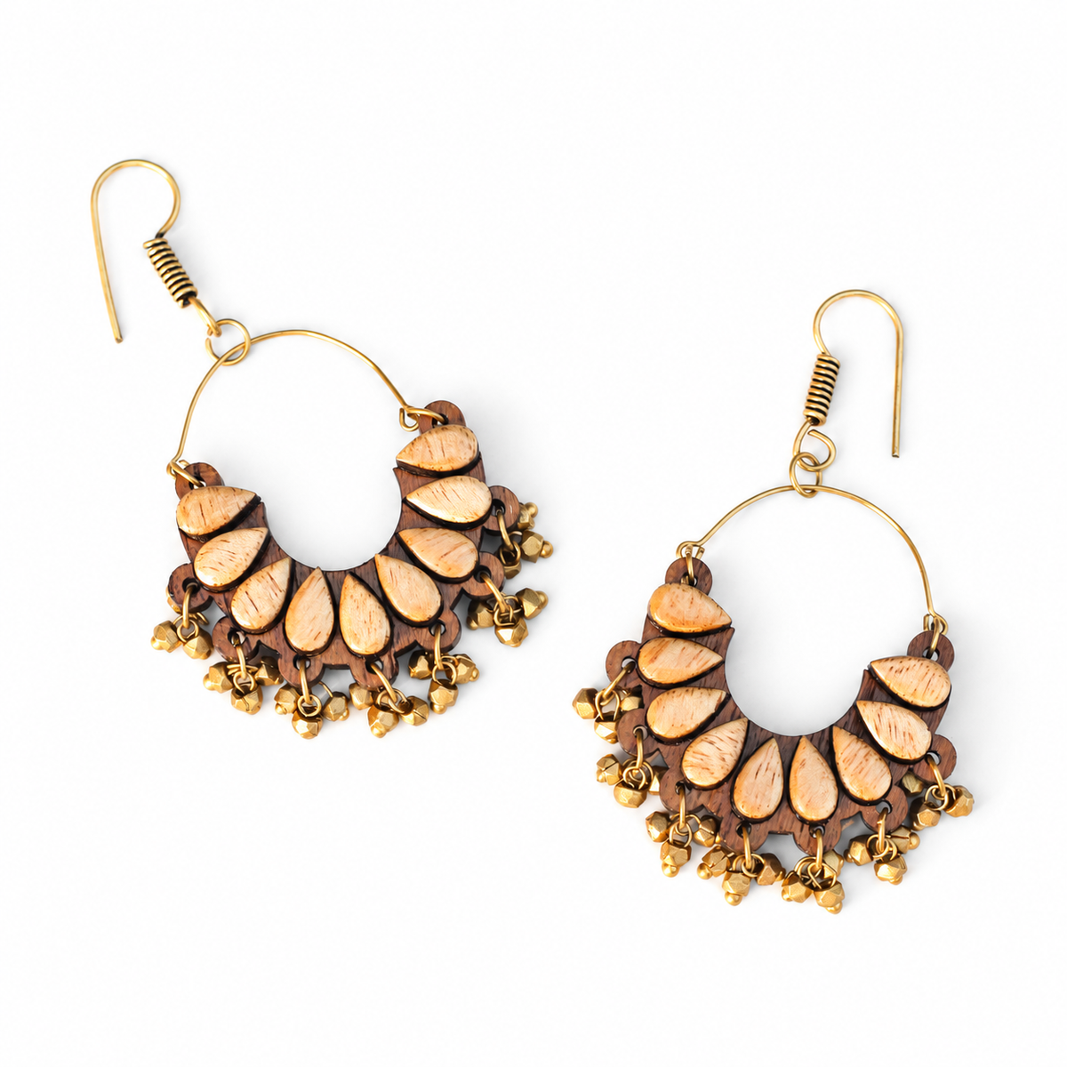 Wooden Chandbali Earrings with Dhokra Brass Beads