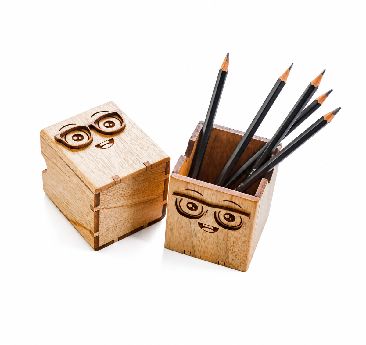 Wooden Pen Stand with Funny Face and Glasses