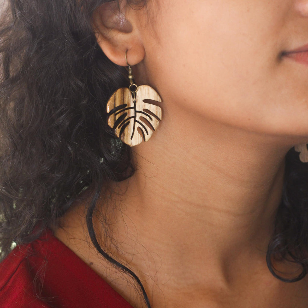 Monstera Leaf Wooden Drop Earrings