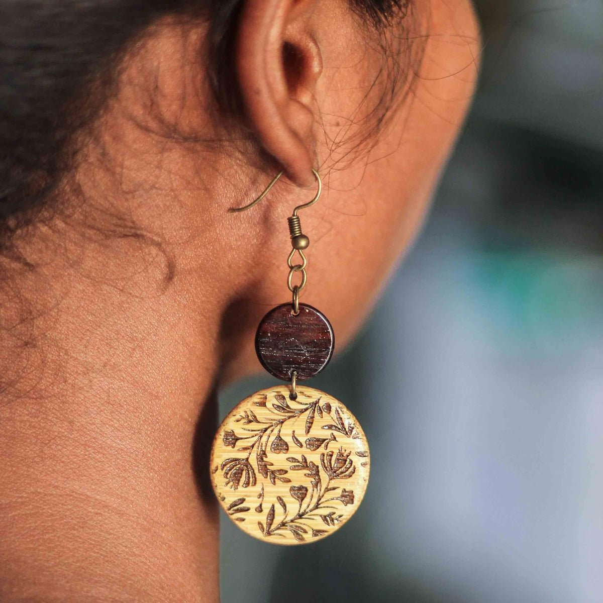 Floral Engraved Bamboo Drop Earrings