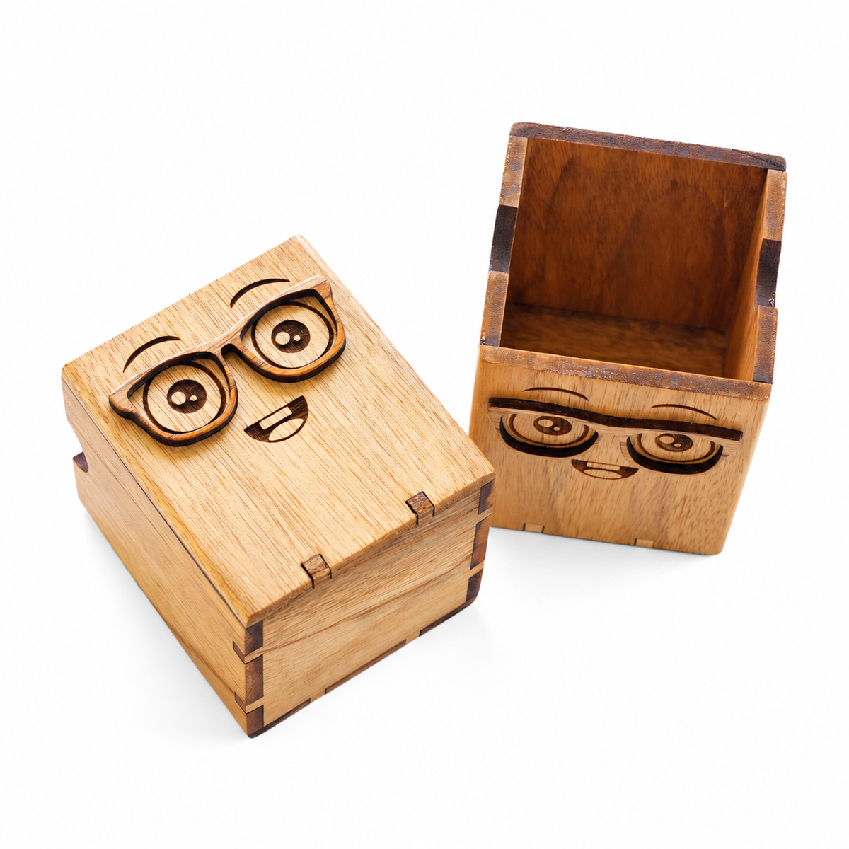 Wooden Pen Stand with Funny Face and Glasses