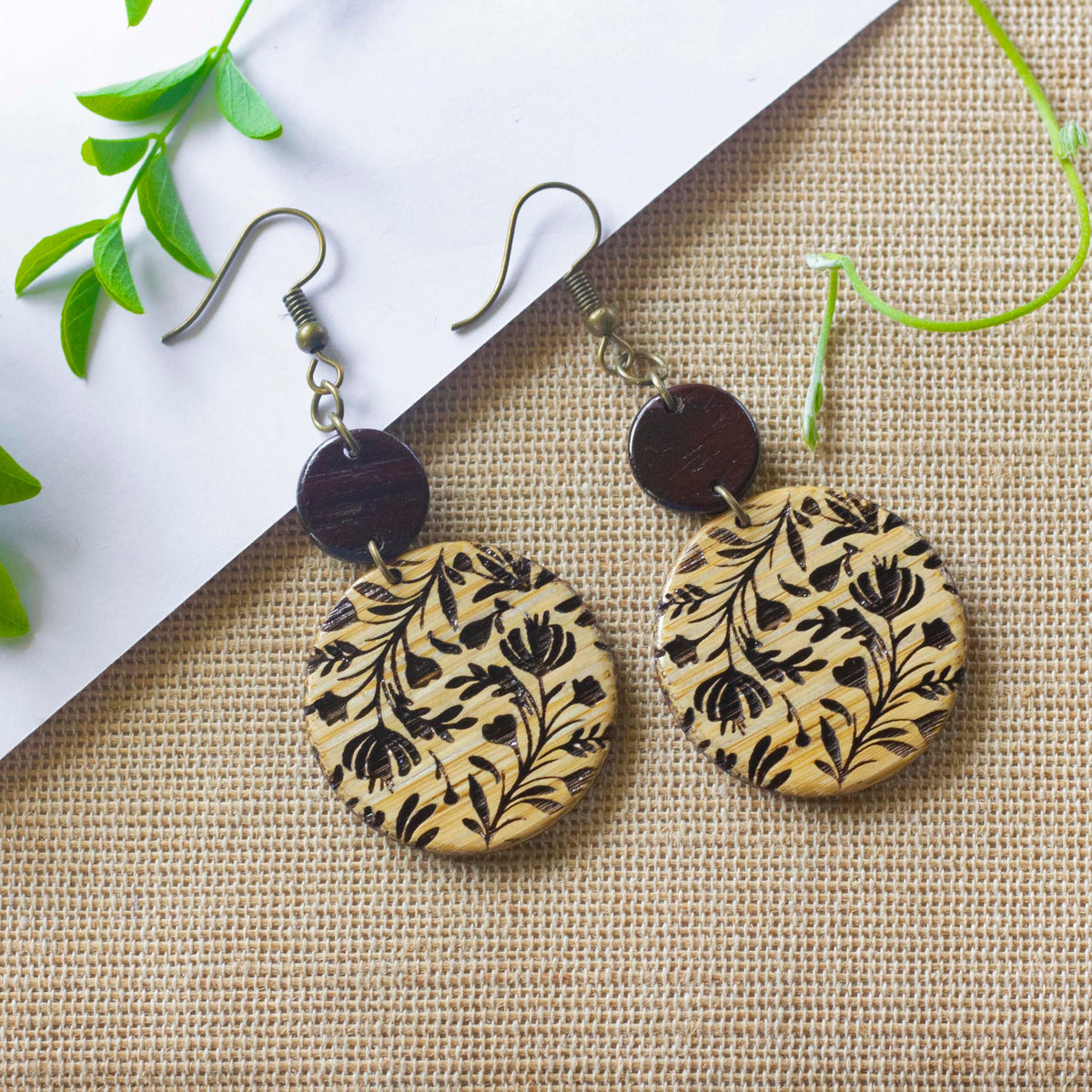 Floral Engraved Bamboo Drop Earrings