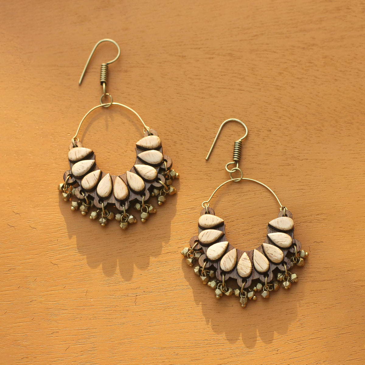 Wooden Chandbali Earrings with Dhokra Brass Beads