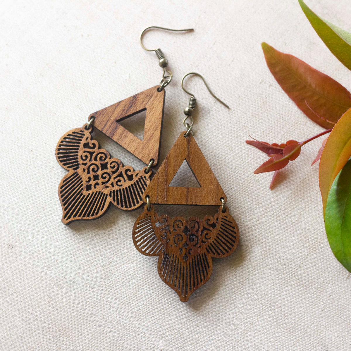 Handcrafted Teak Wood Floral Drop Earrings