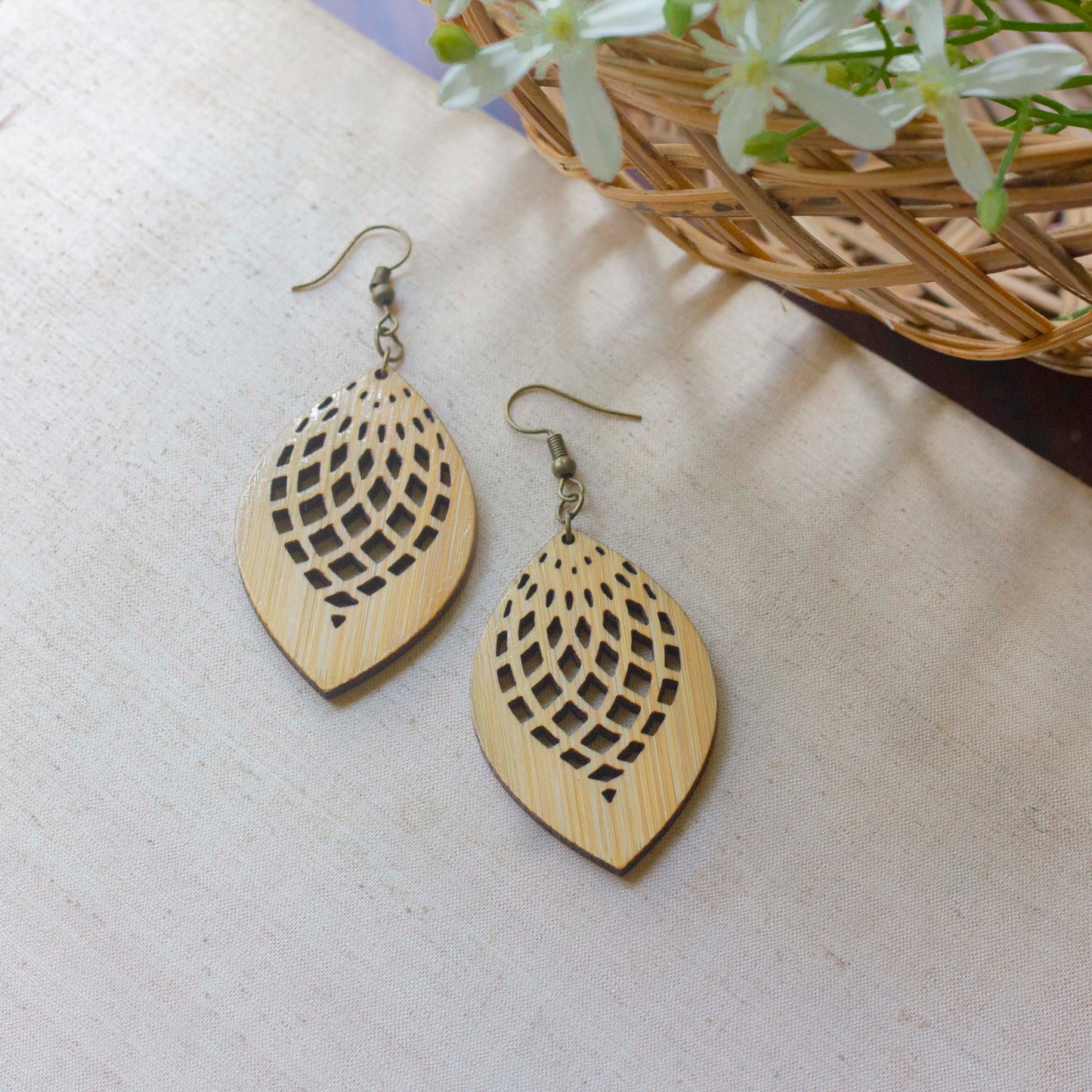 Leaf Shaped Jali Design Bamboo Earrings - Eco-Conscious and Earth-Friendly Jewelry