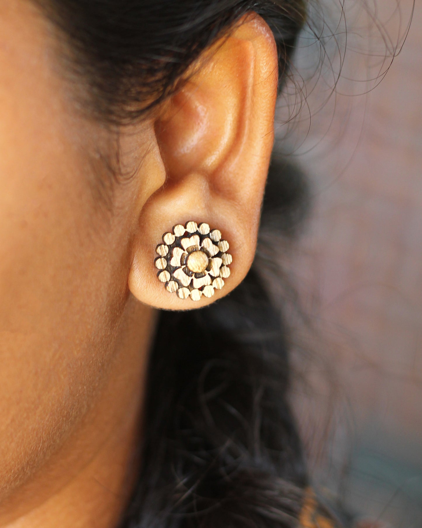 Eco-Friendly Layered Wooden Flower Ear Studs - Sustainable and Stylish Jewelry