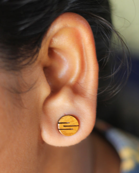 Wooden Round Shape with Lines Ear Studs - Eco-Conscious and Minimalist Earrings