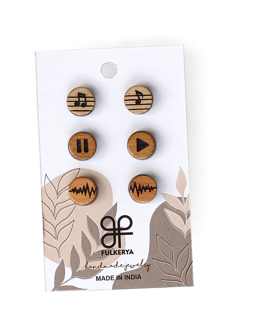 Eco-Friendly Wooden Music Themed Studs - Set of 3 for Girls and Women