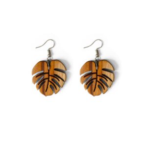 Wooden Monstera Earrings for Girls & Women