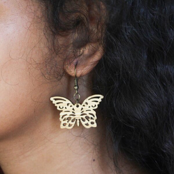 Wings of Nature – Intricately Cut Bamboo Butterfly Earrings - Image 3