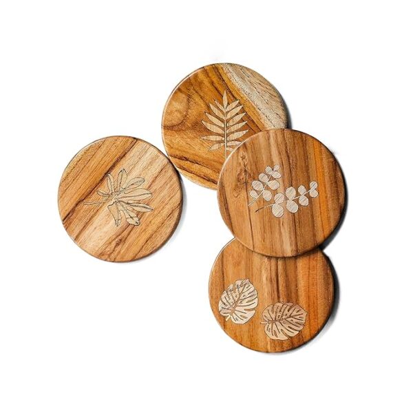 Tropical Leaf Wooden Coasters – Handcrafted Inlay Elegance - Image 3