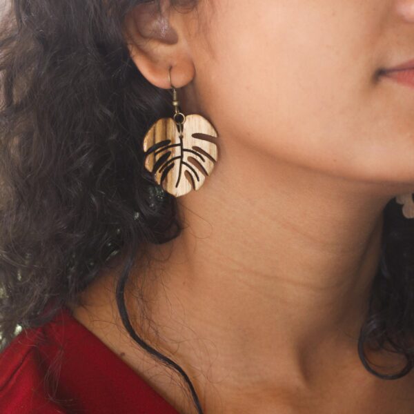 Wooden Monstera Earrings for Girls & Women - Image 2