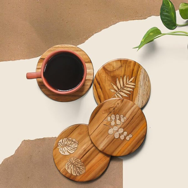 Tropical Leaf Wooden Coasters – Handcrafted Inlay Elegance